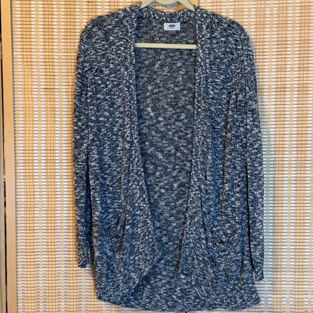Old Navy Womens Large Black White Marled Knit Open Front Cardigan Sweater Cotton